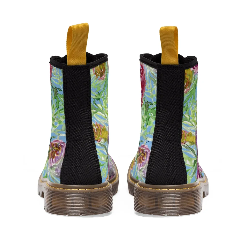 Blue Yellow Rose Women's Boots, Floral Print Designer Premium Ladies' Laced-up Boots For Ladies