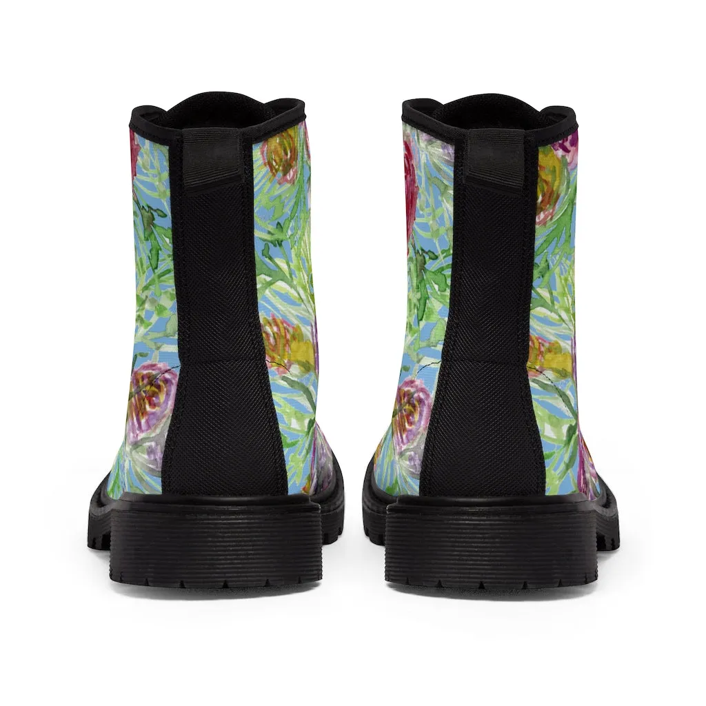 Blue Yellow Rose Women's Boots, Floral Print Designer Premium Ladies' Laced-up Boots For Ladies