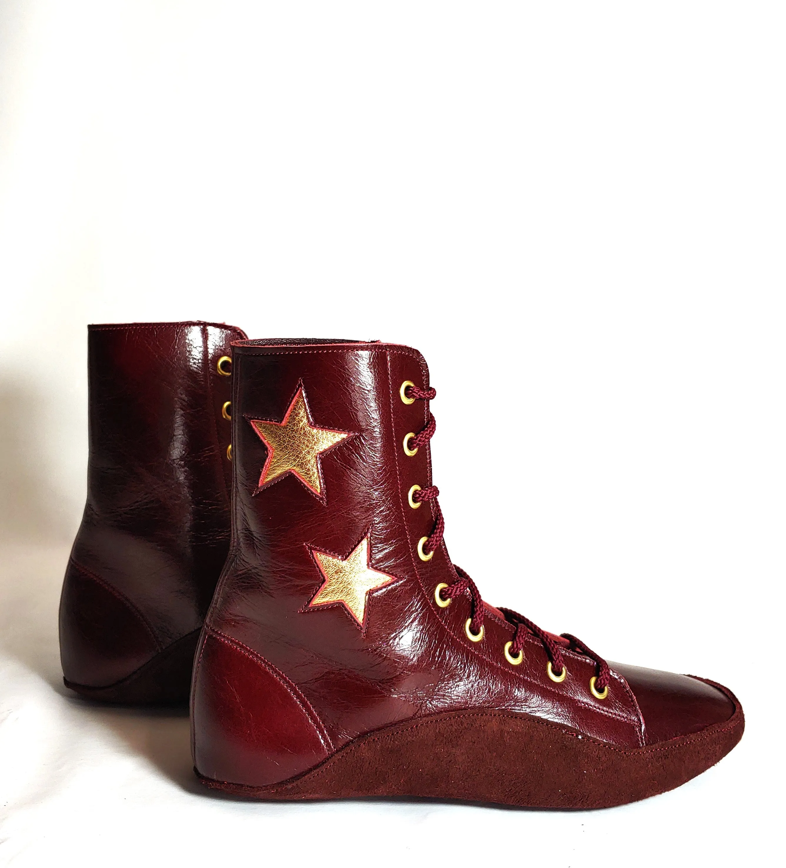 CUSTOM MADE Burgundy Tightrope Boots w/ 2 Gold Stars