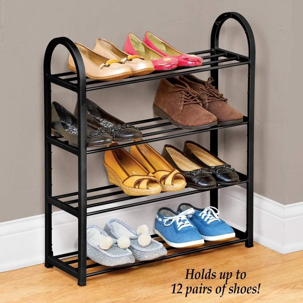 Dalak Arts Shoe Rack Storage Organizer 4 Tier Free Standing Metal Shoe Shelf Compact Shoe Organizer Shelf for Floor, Bedroom Hallway Living Room Black