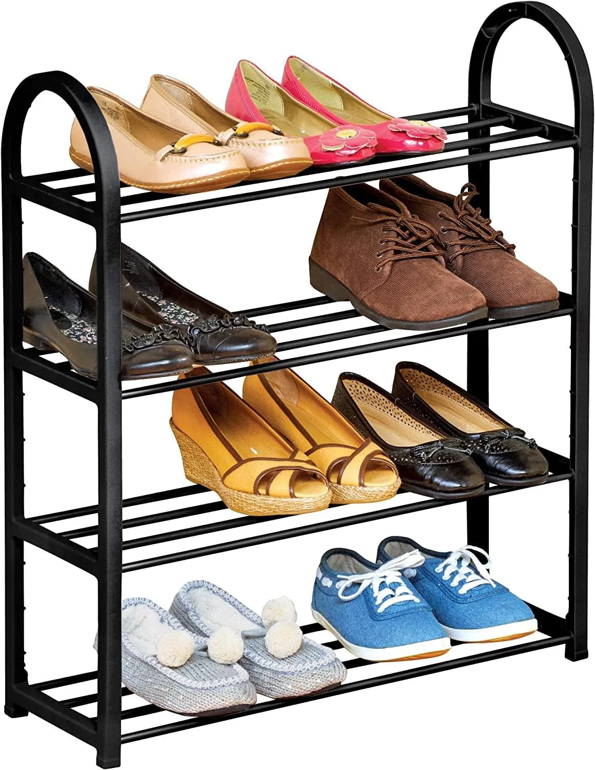 Dalak Arts Shoe Rack Storage Organizer 4 Tier Free Standing Metal Shoe Shelf Compact Shoe Organizer Shelf for Floor, Bedroom Hallway Living Room Black