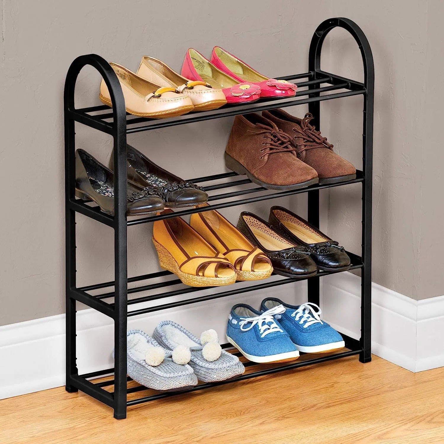 Dalak Arts Shoe Rack Storage Organizer 4 Tier Free Standing Metal Shoe Shelf Compact Shoe Organizer Shelf for Floor, Bedroom Hallway Living Room Black