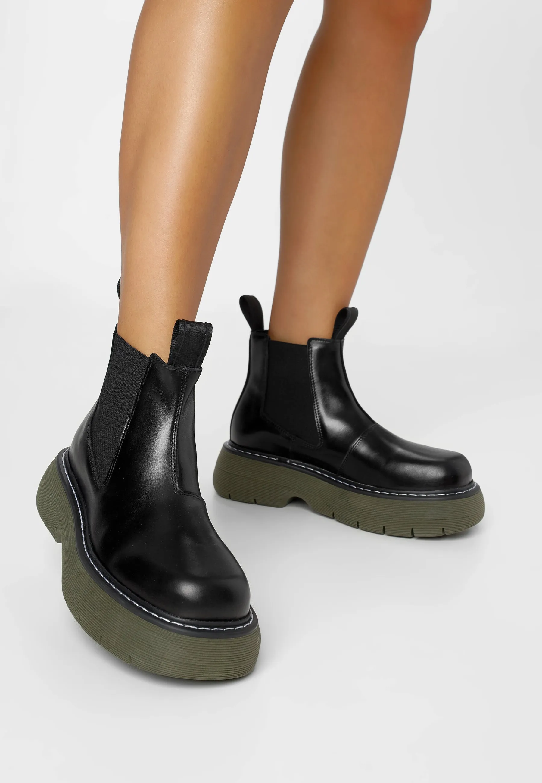 Ella Black Green Leather Chelsea Boots