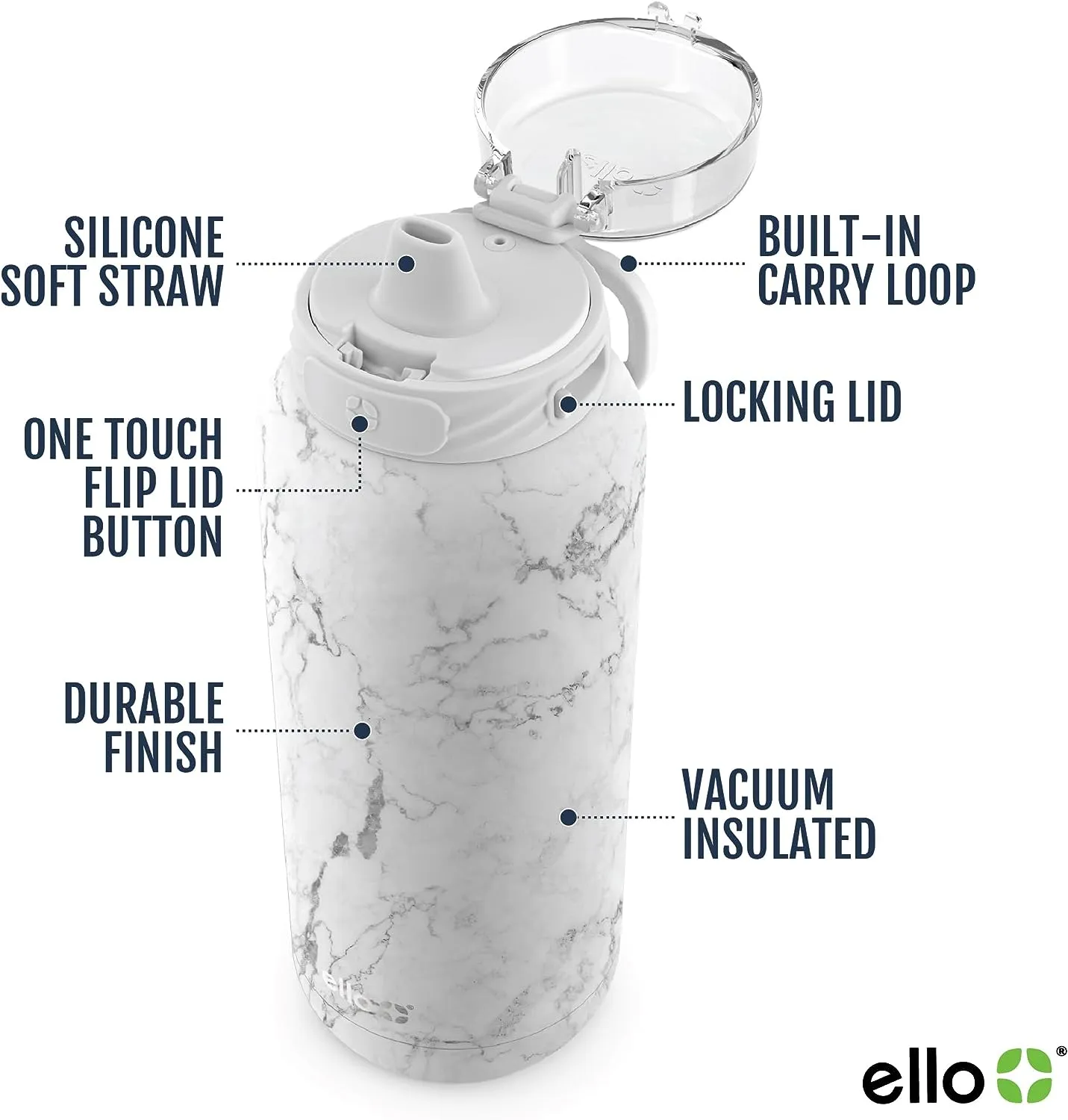 Ello stainless steel water bottle with straw leakproof and reusable