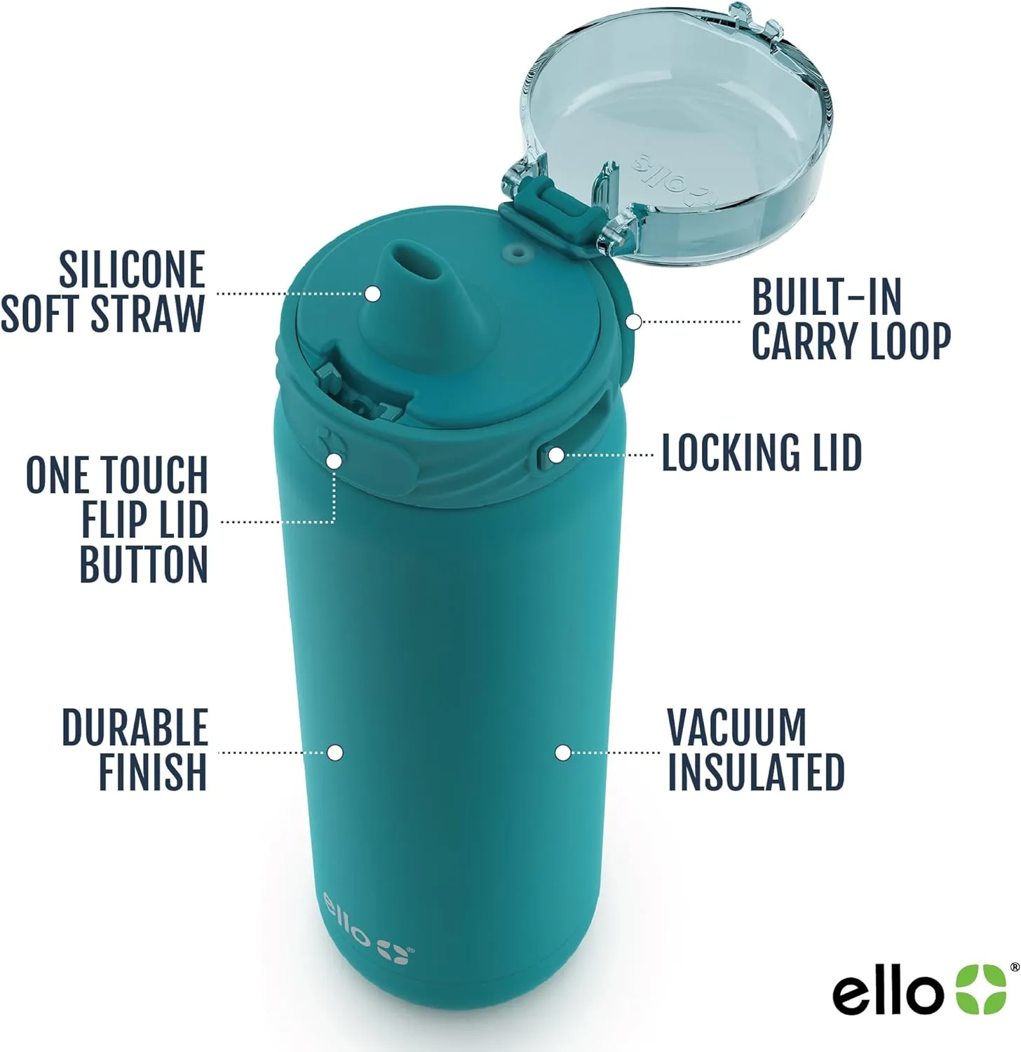 Ello stainless steel water bottle with straw leakproof and reusable