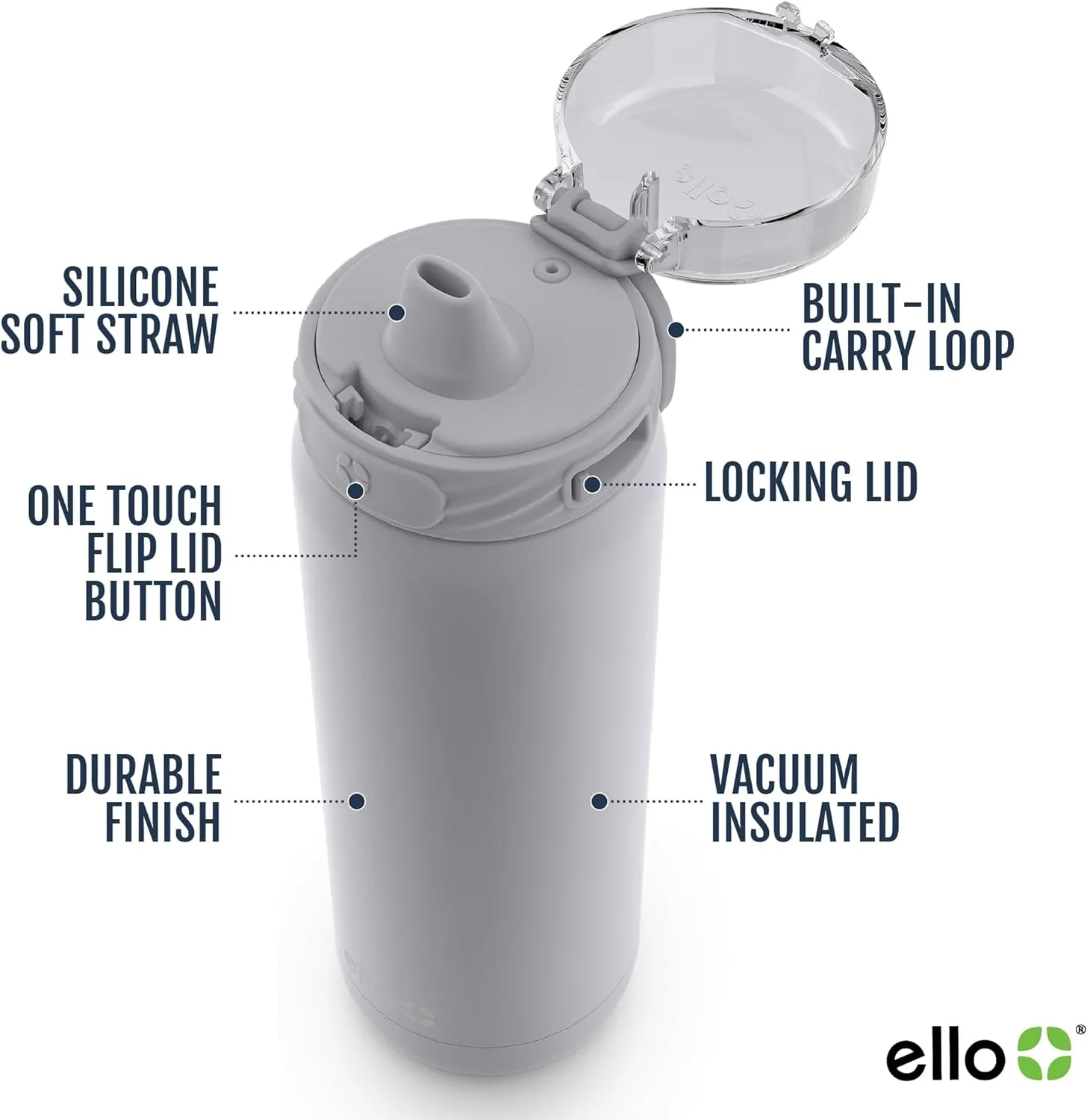 Ello stainless steel water bottle with straw leakproof and reusable