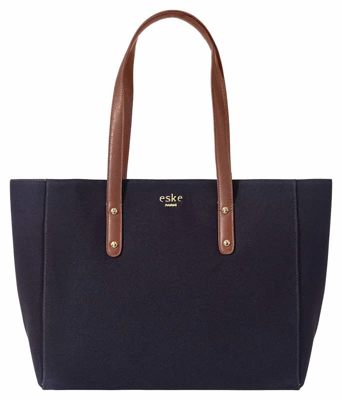 eske Alva Canvas Vegan Leather Tote Handbag For Women | Shoulder Bag For Daily Use (Navy Blue Cognac)