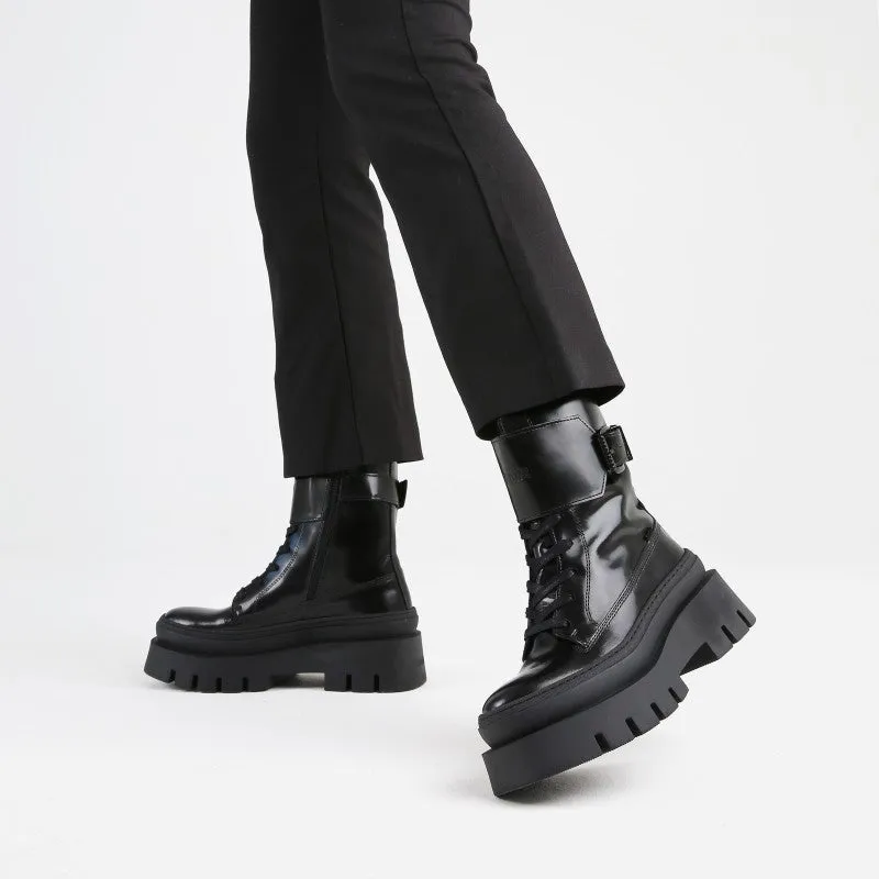 Evi Ann Black Leather Chunky Boots