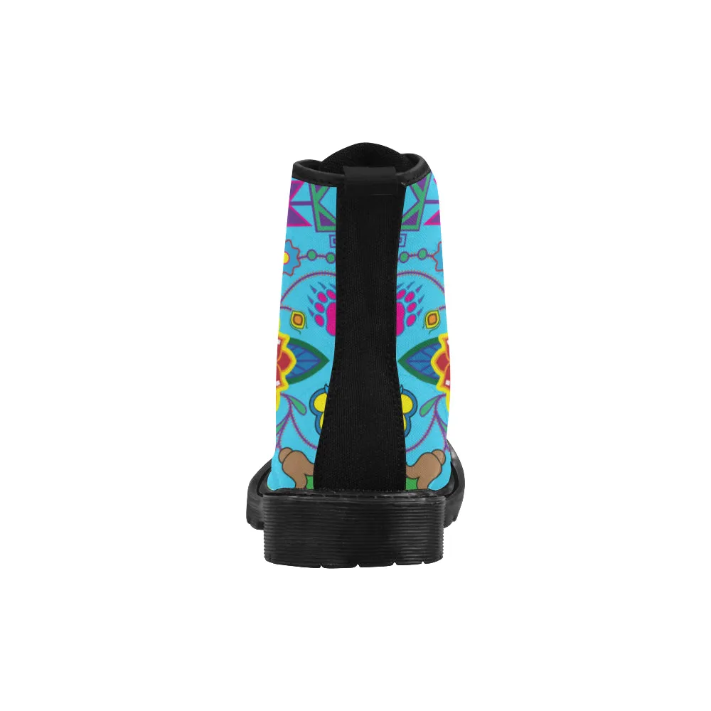 Geometric Floral Winter-Sky Blue Boots for Women (Black)