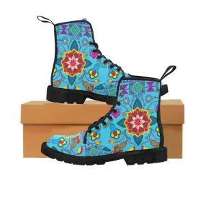 Geometric Floral Winter-Sky Blue Boots for Women (Black)