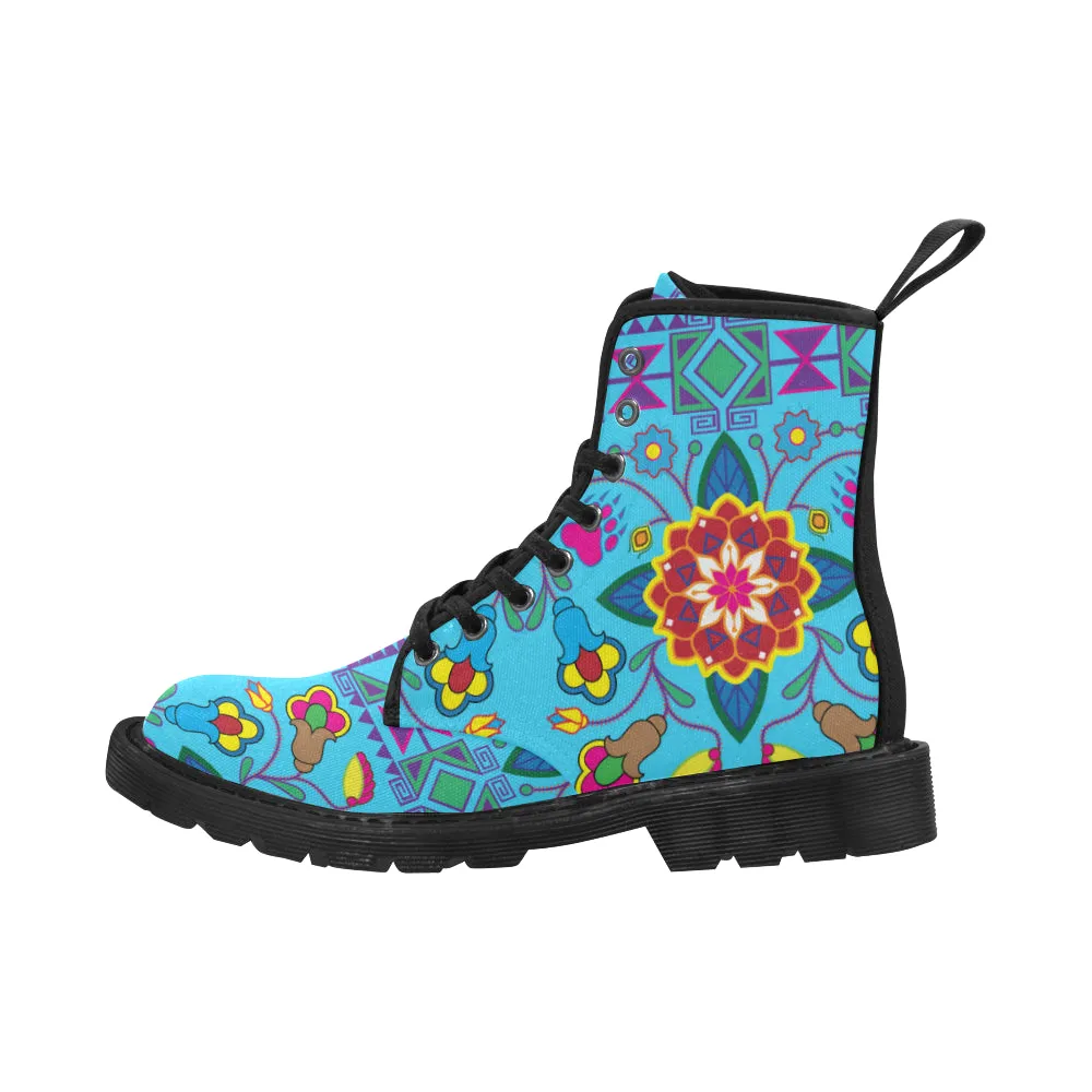 Geometric Floral Winter-Sky Blue Boots for Women (Black)