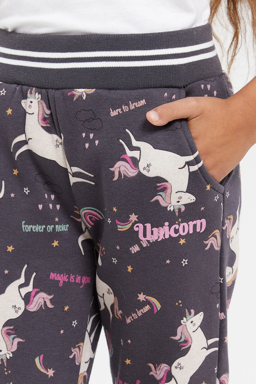 Girls Charcoal Unicorn Print Track Pants