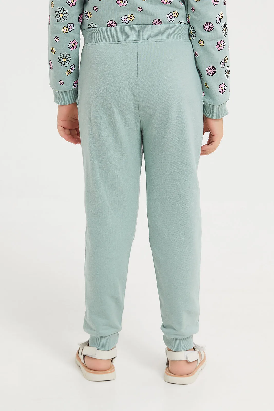 Girls Green Daisy Printed Track Pants