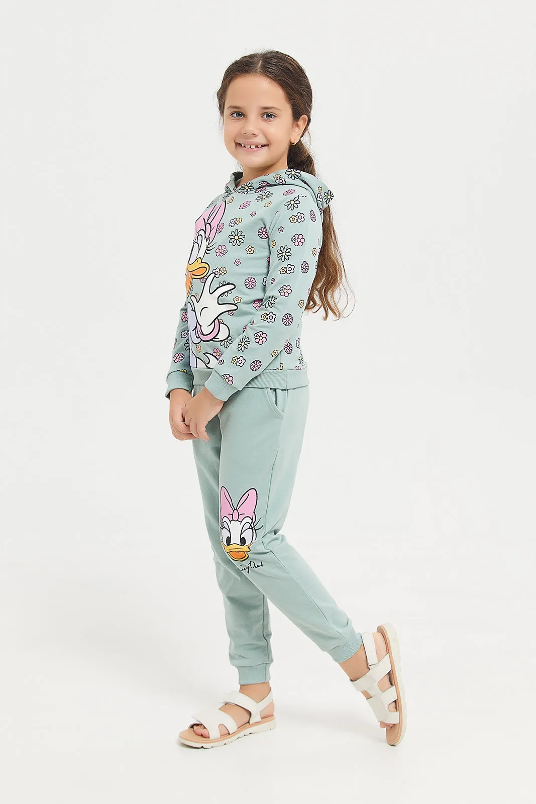 Girls Green Daisy Printed Track Pants