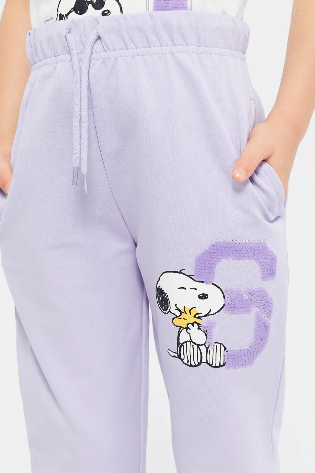 Girls Lilac Snoopy Sequins Track Pants