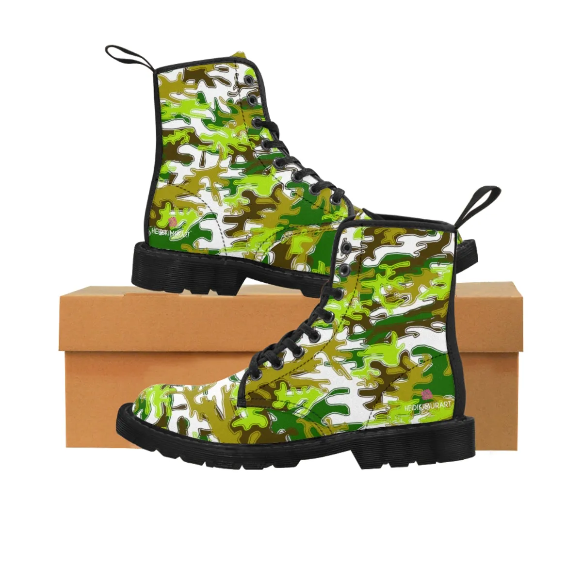 Green Camo Print Women's Boots, Army Military Print Best Winter Laced Up Canvas Boots For Women (US Size 6.5-11)