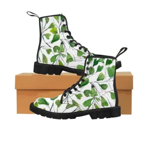 Green Maidenhair Women's Canvas Boots, Tropical Fern Print Best Winter Boots For Ladies