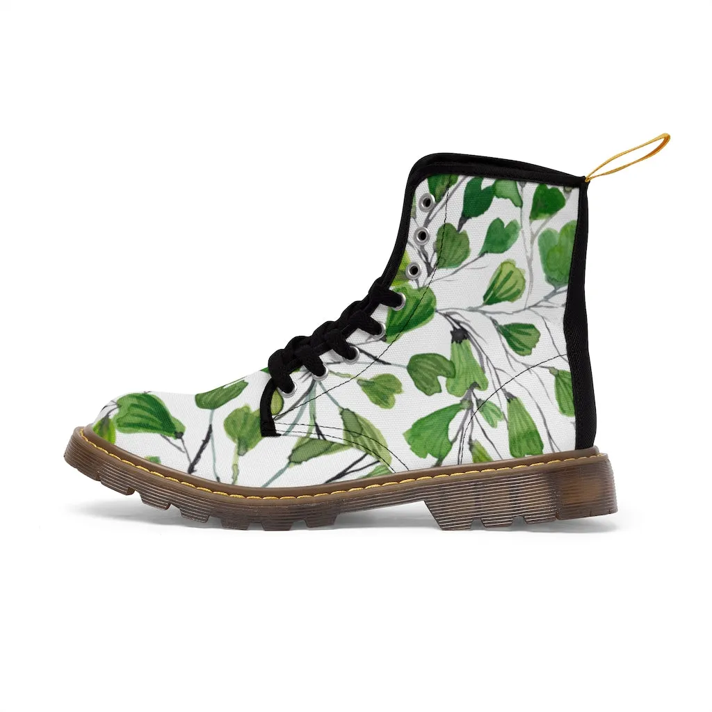 Green Maidenhair Women's Canvas Boots, Tropical Fern Print Best Winter Boots For Ladies