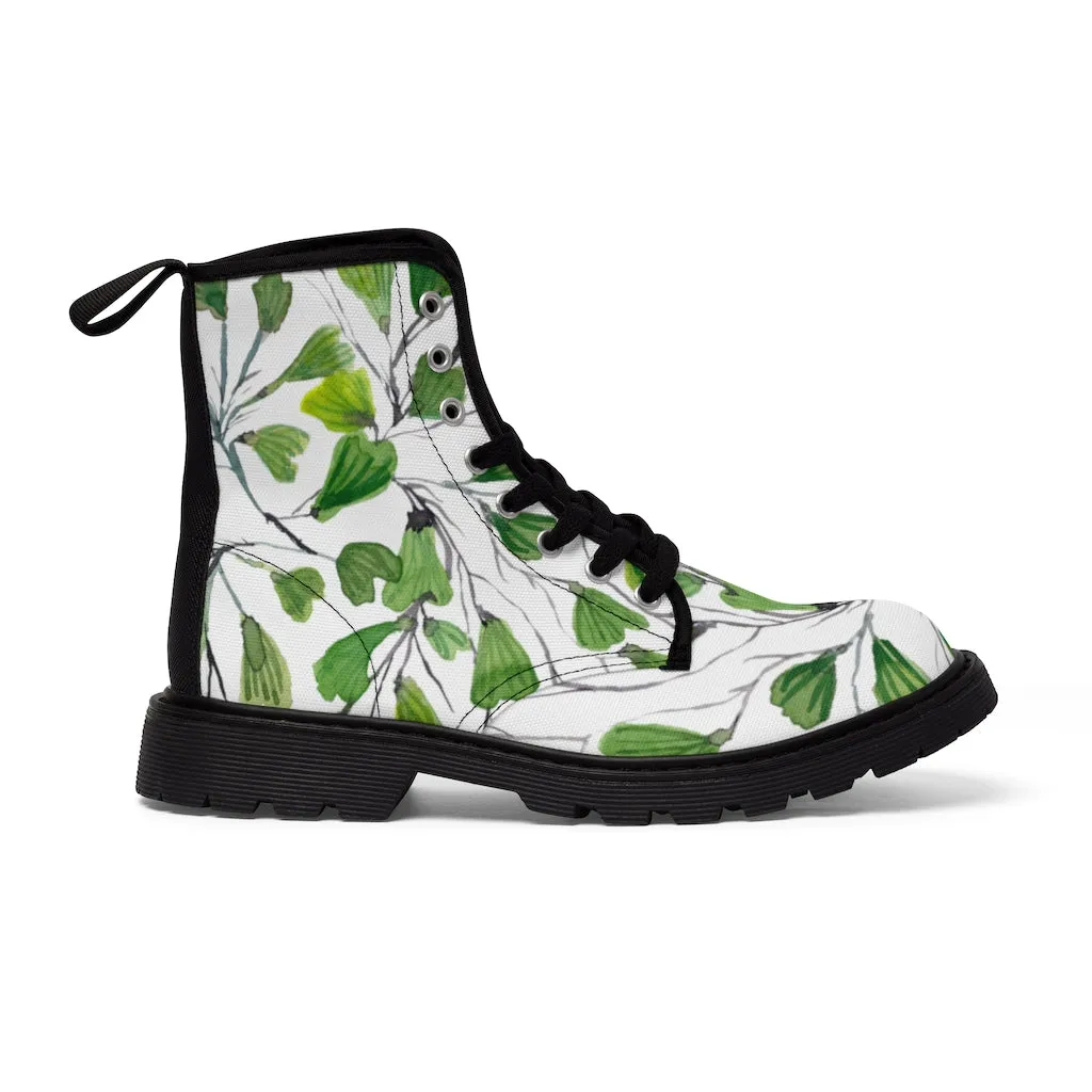 Green Maidenhair Women's Canvas Boots, Tropical Fern Print Best Winter Boots For Ladies