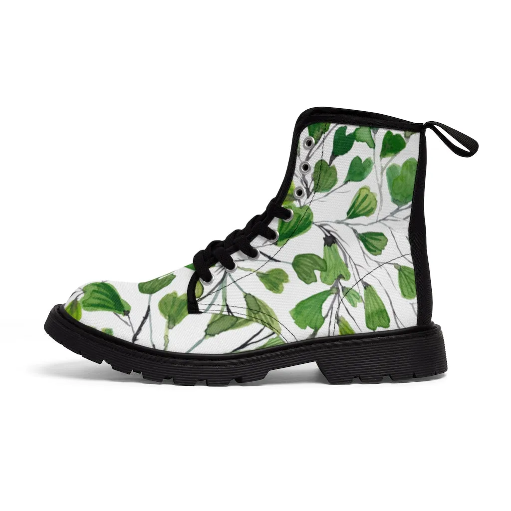 Green Maidenhair Women's Canvas Boots, Tropical Fern Print Best Winter Boots For Ladies