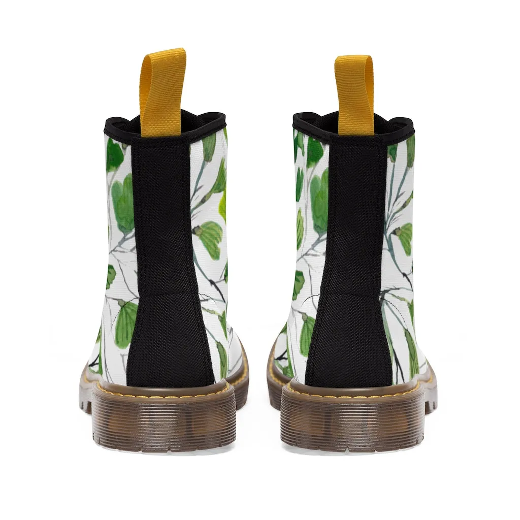 Green Maidenhair Women's Canvas Boots, Tropical Fern Print Best Winter Boots For Ladies