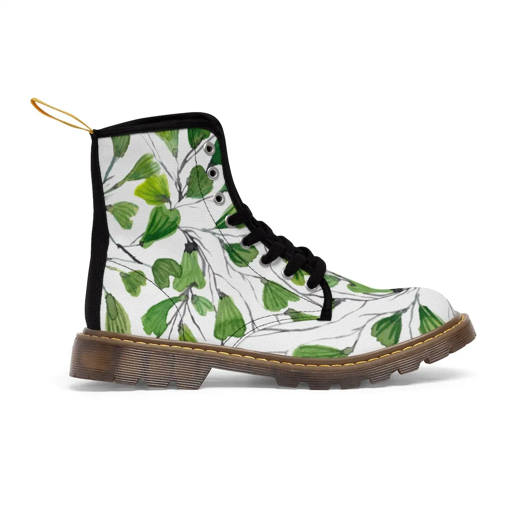 Green Maidenhair Women's Canvas Boots, Tropical Fern Print Best Winter Boots For Ladies