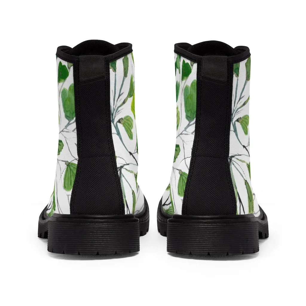 Green Maidenhair Women's Canvas Boots, Tropical Fern Print Best Winter Boots For Ladies