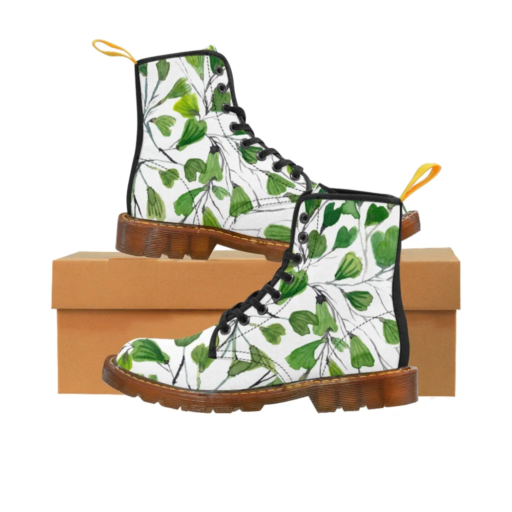 Green Maidenhair Women's Canvas Boots, Tropical Fern Print Best Winter Boots For Ladies