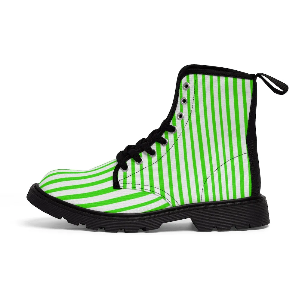 Green Striped Women's Canvas Boots, Modern Vertically Stripes White Green Ladies' Winter Boots