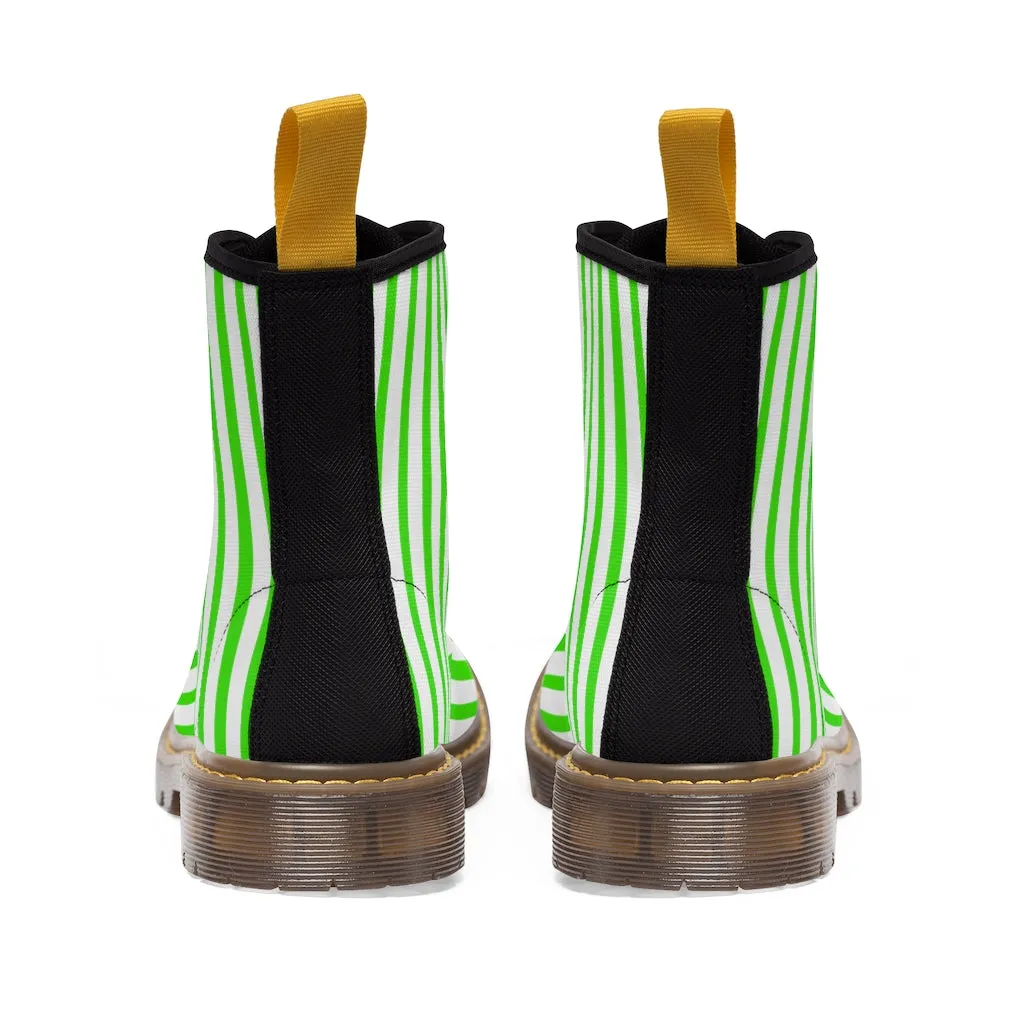 Green Striped Women's Canvas Boots, Modern Vertically Stripes White Green Ladies' Winter Boots