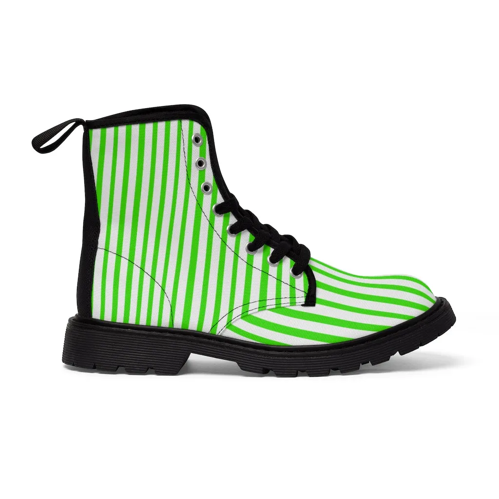 Green Striped Women's Canvas Boots, Modern Vertically Stripes White Green Ladies' Winter Boots