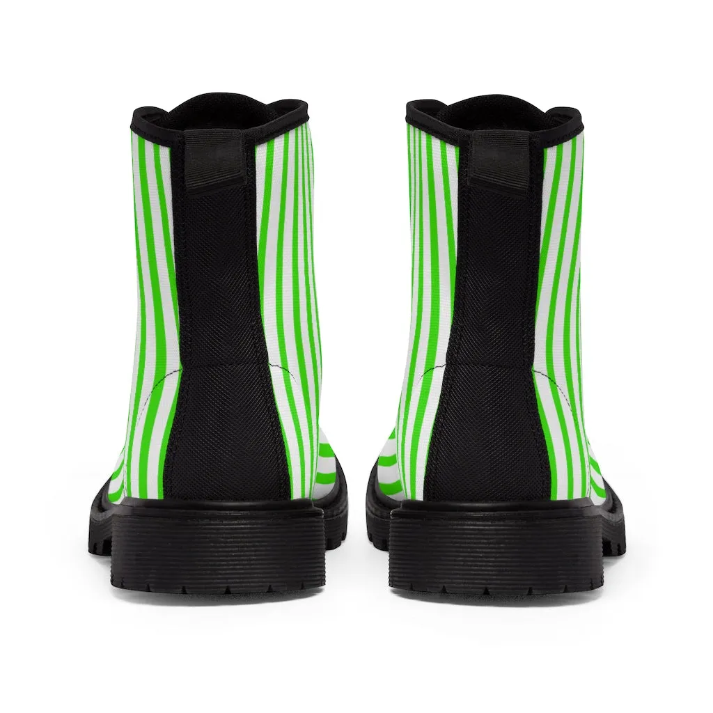 Green Striped Women's Canvas Boots, Modern Vertically Stripes White Green Ladies' Winter Boots