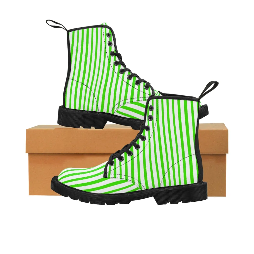 Green Striped Women's Canvas Boots, Modern Vertically Stripes White Green Ladies' Winter Boots