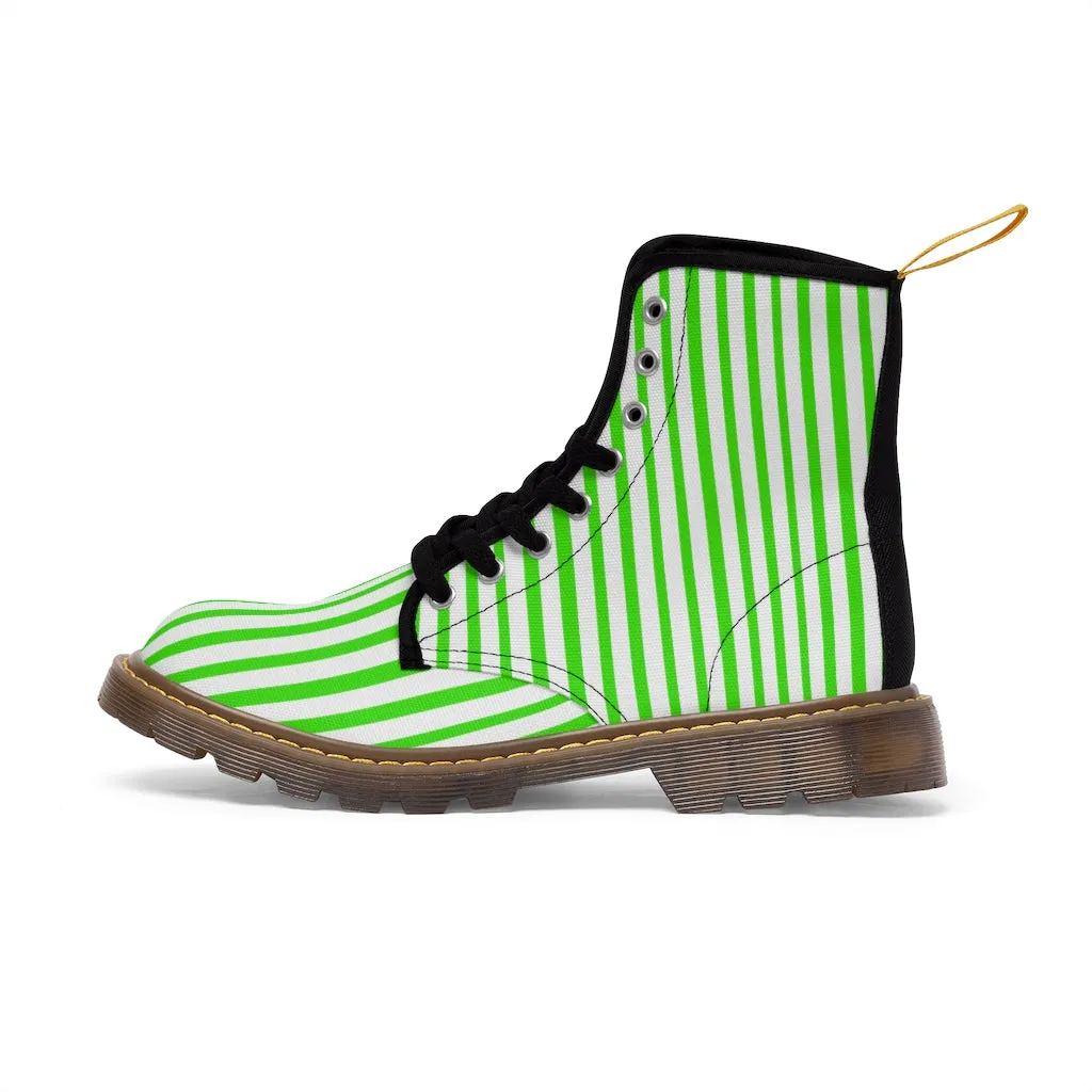 Green Striped Women's Canvas Boots, Modern Vertically Stripes White Green Ladies' Winter Boots