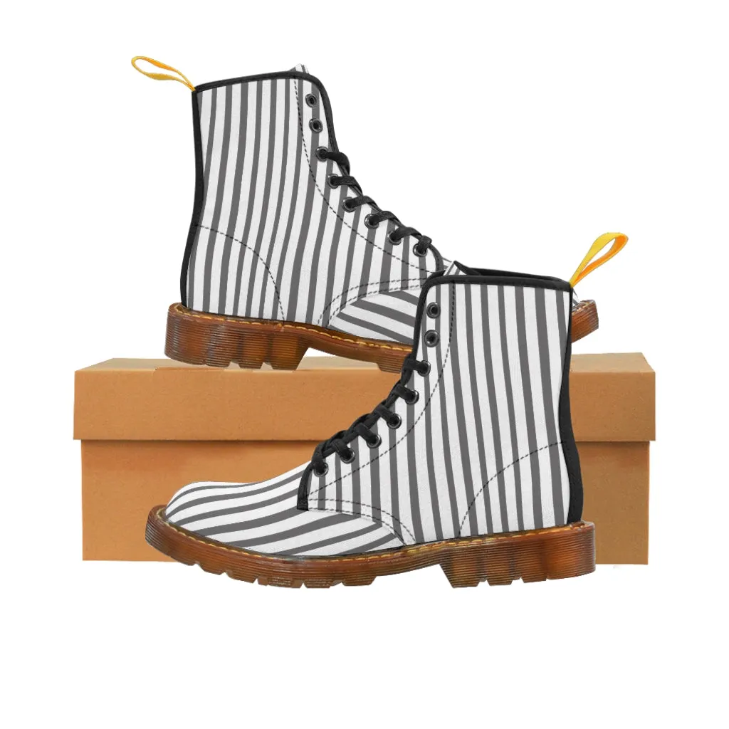 Grey Striped Women's Canvas Boots, Best Designer Modern Stripes Winter Boots For Ladies