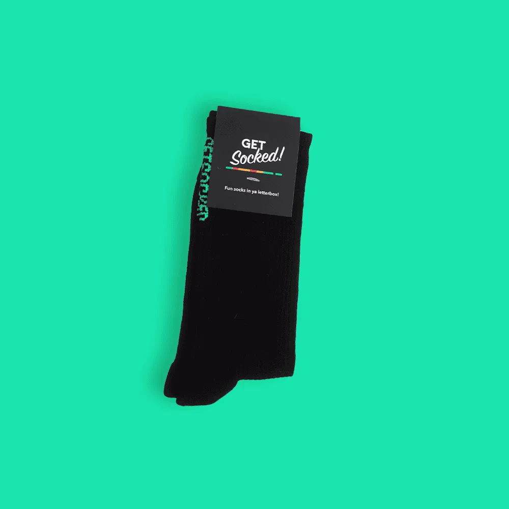 Gym Socks - Black with Green Writing