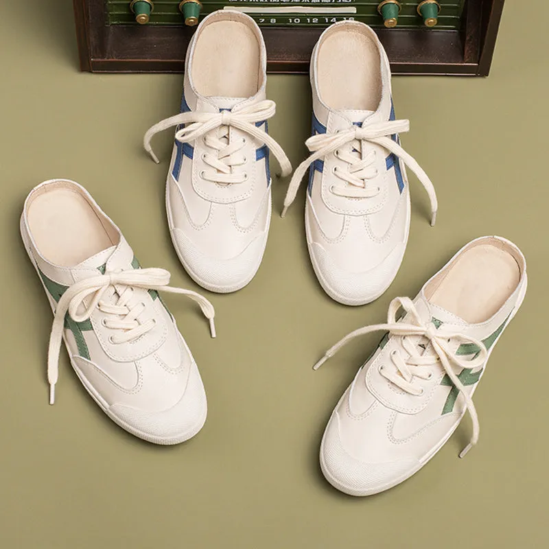 Handmade Soft Leather white shoes for women Lace up Mules Designer Shoes Blue/Green