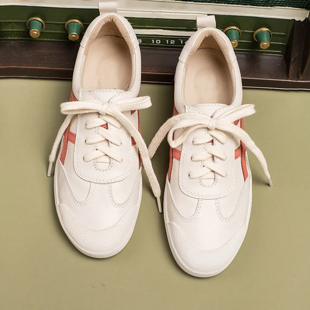 Handmade Soft Leather white shoes for women Lace up Sneakers Designer Shoes Blue Strips /Red Strips