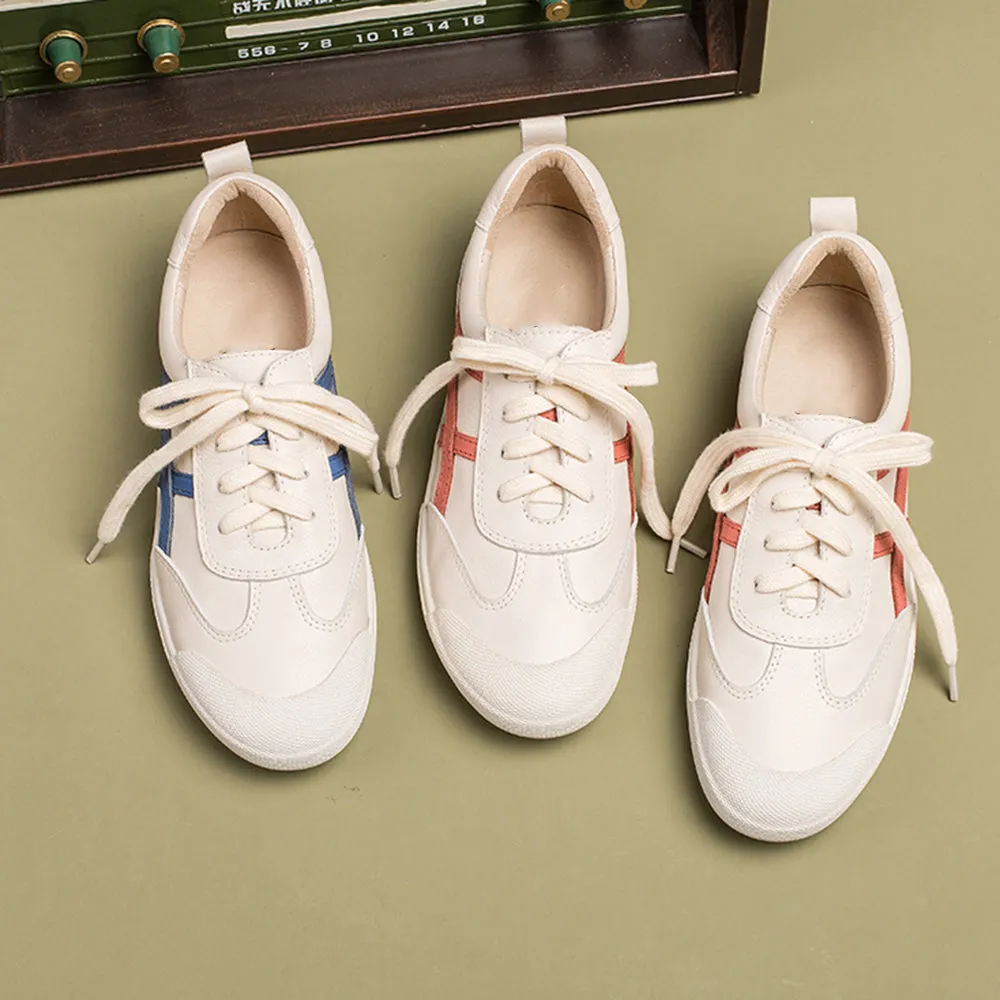 Handmade Soft Leather white shoes for women Lace up Sneakers Designer Shoes Blue Strips /Red Strips