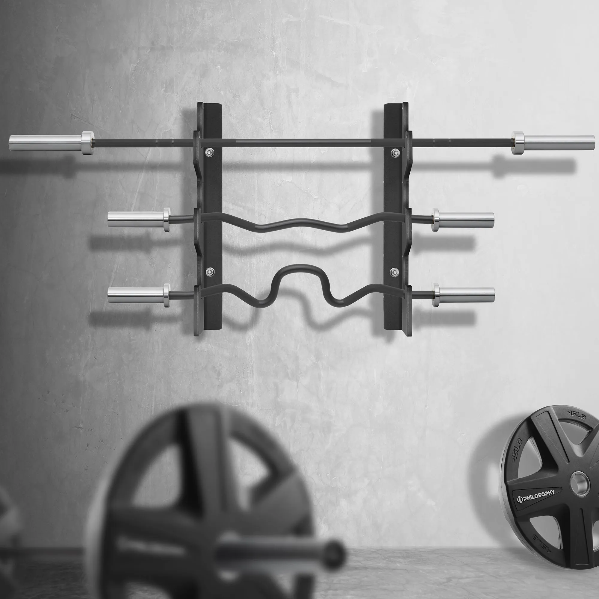 Horizontal Olympic Barbell Holder - 3 Bar Wall Mount for 2" Bars