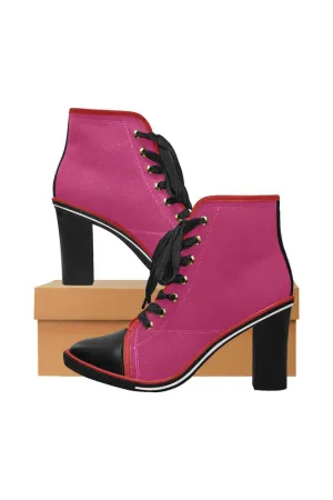 Hot PInk Women's Lace Up Chunky Heel Ankle Booties (Model 054)