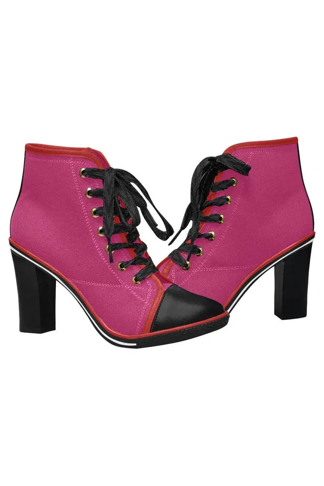 Hot PInk Women's Lace Up Chunky Heel Ankle Booties (Model 054)