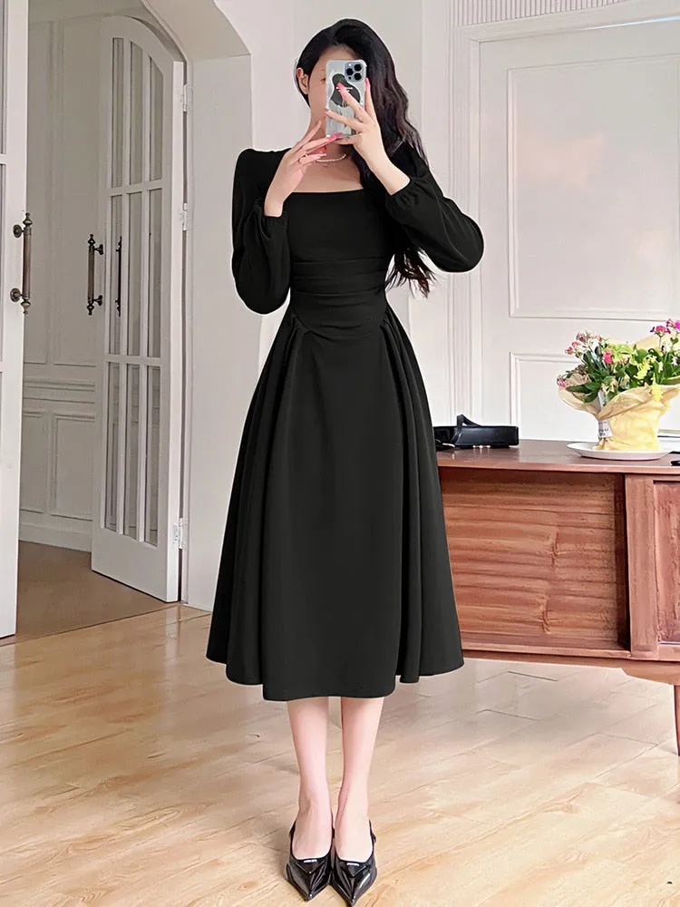 Joskaa hoco dresses Folds Puff Sleeve Corsets Women Midi Dress Elegant Bodycon Autumn Elegant Party Casual Lady Long Dress Streetwear