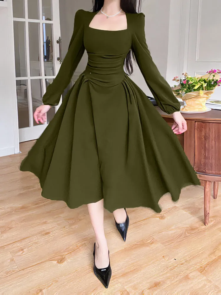 Joskaa hoco dresses Folds Puff Sleeve Corsets Women Midi Dress Elegant Bodycon Autumn Elegant Party Casual Lady Long Dress Streetwear