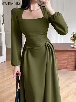 Joskaa hoco dresses Folds Puff Sleeve Corsets Women Midi Dress Elegant Bodycon Autumn Elegant Party Casual Lady Long Dress Streetwear