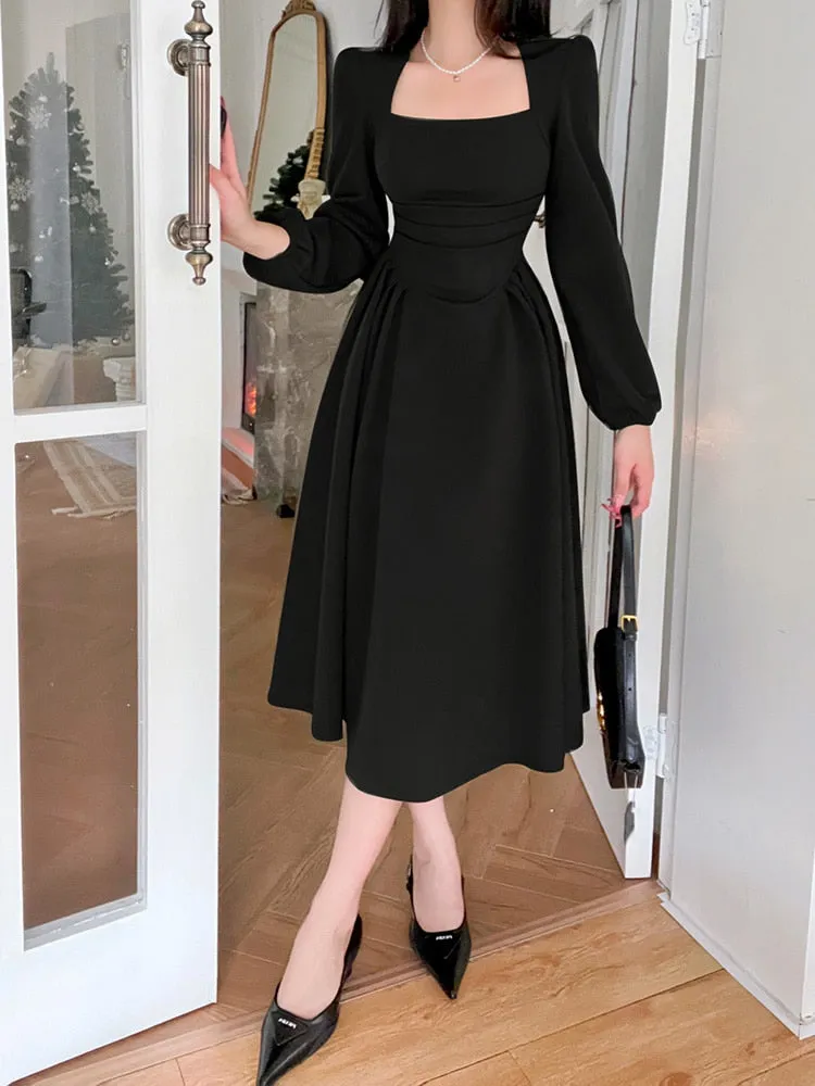 Joskaa hoco dresses Folds Puff Sleeve Corsets Women Midi Dress Elegant Bodycon Autumn Elegant Party Casual Lady Long Dress Streetwear