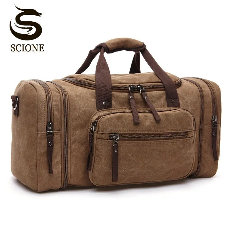 Large Capacity Men Hand Luggage Travel Duffle Bags Canvas Travel Bags Weekend Shoulder Bags Multifunctional Overnight Duffel Bag