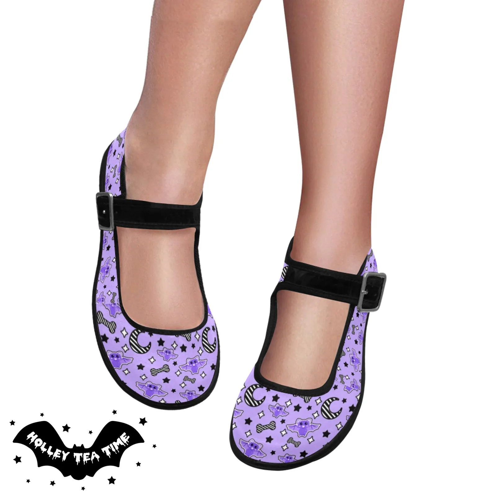 Magical Kawaii Spooky Bats Purple Women's Satin Mary Jane Shoes