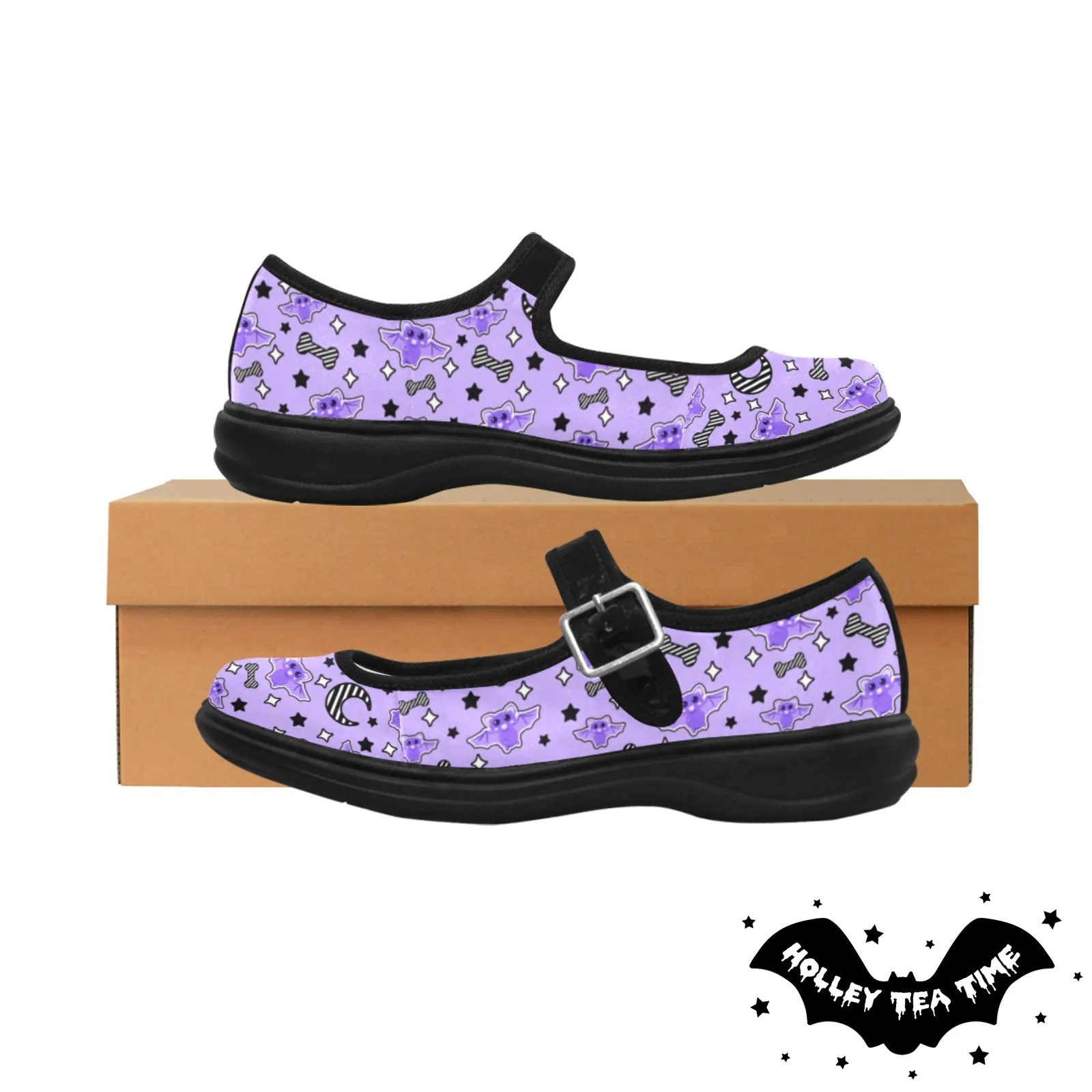 Magical Kawaii Spooky Bats Purple Women's Satin Mary Jane Shoes