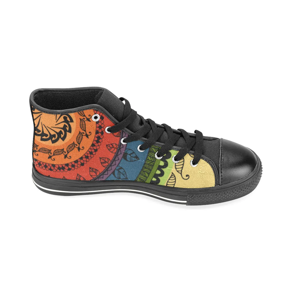 Men's Big Size Black Folksy Mandala Print Canvas High Top Shoes